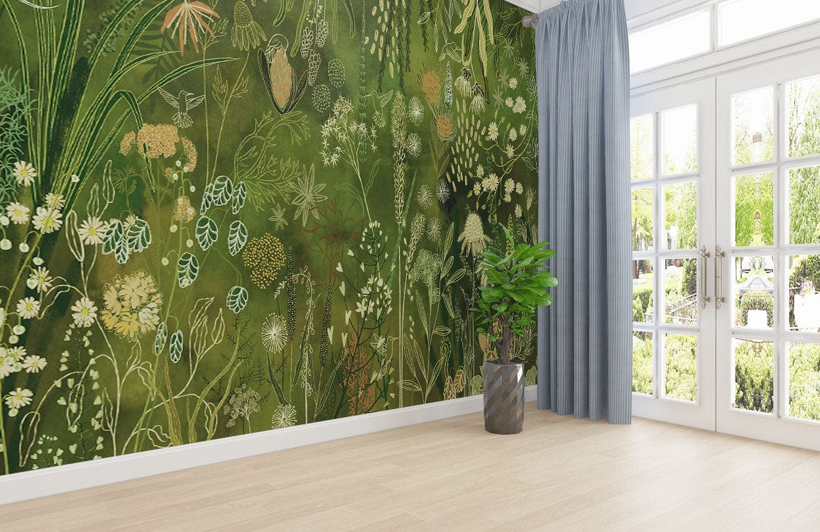 Luxurious Green Botanical Garden Patterned Mural Wallpaper for Elegant ...