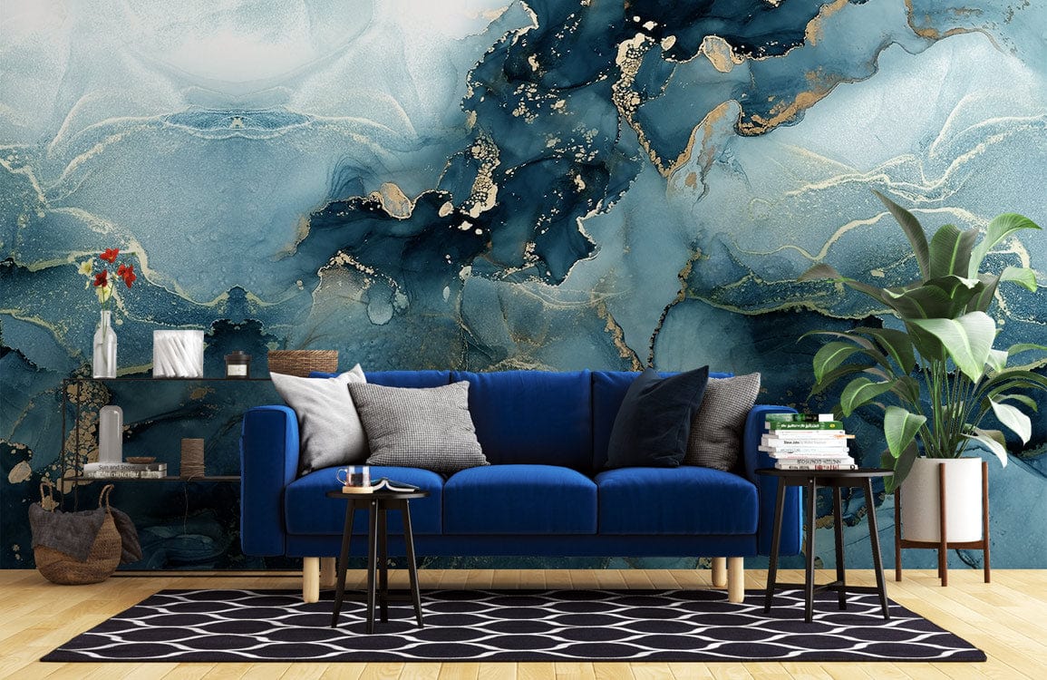 Elegant Blue and Gold Marble Effect Mural Wallpaper - Luxurious ...