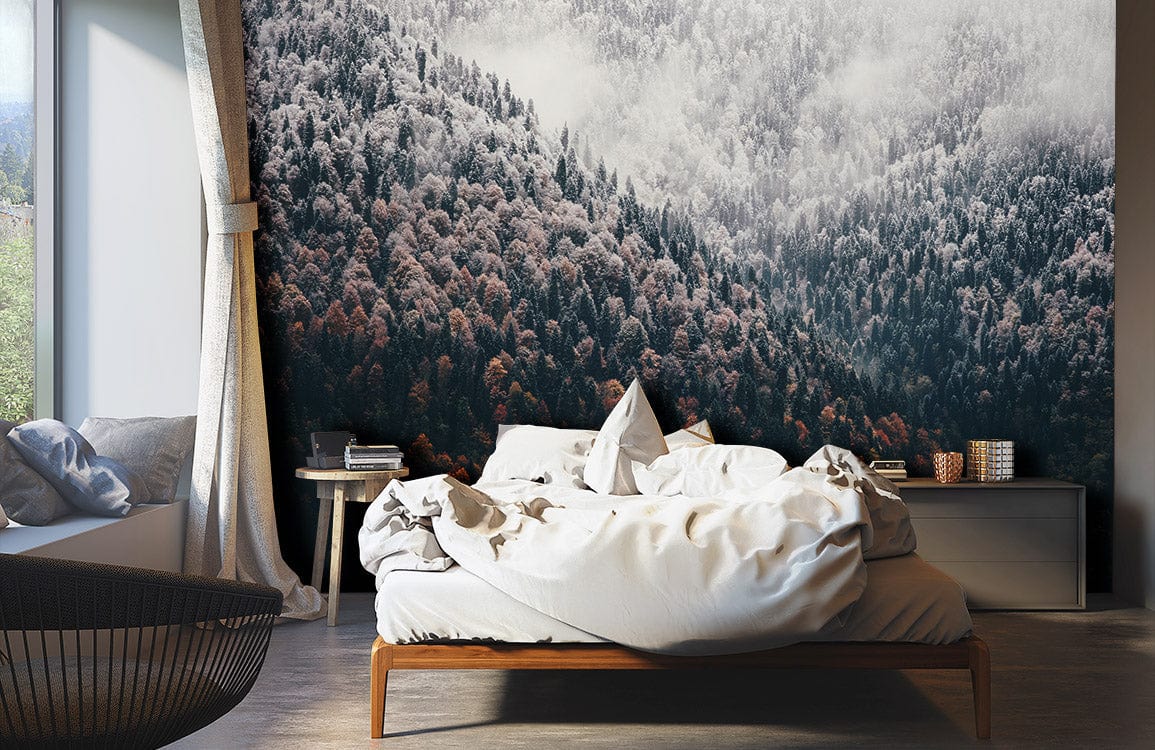 Enchanting Autumn Woodland Mural Wallpaper in Misty Forest Landscape Design