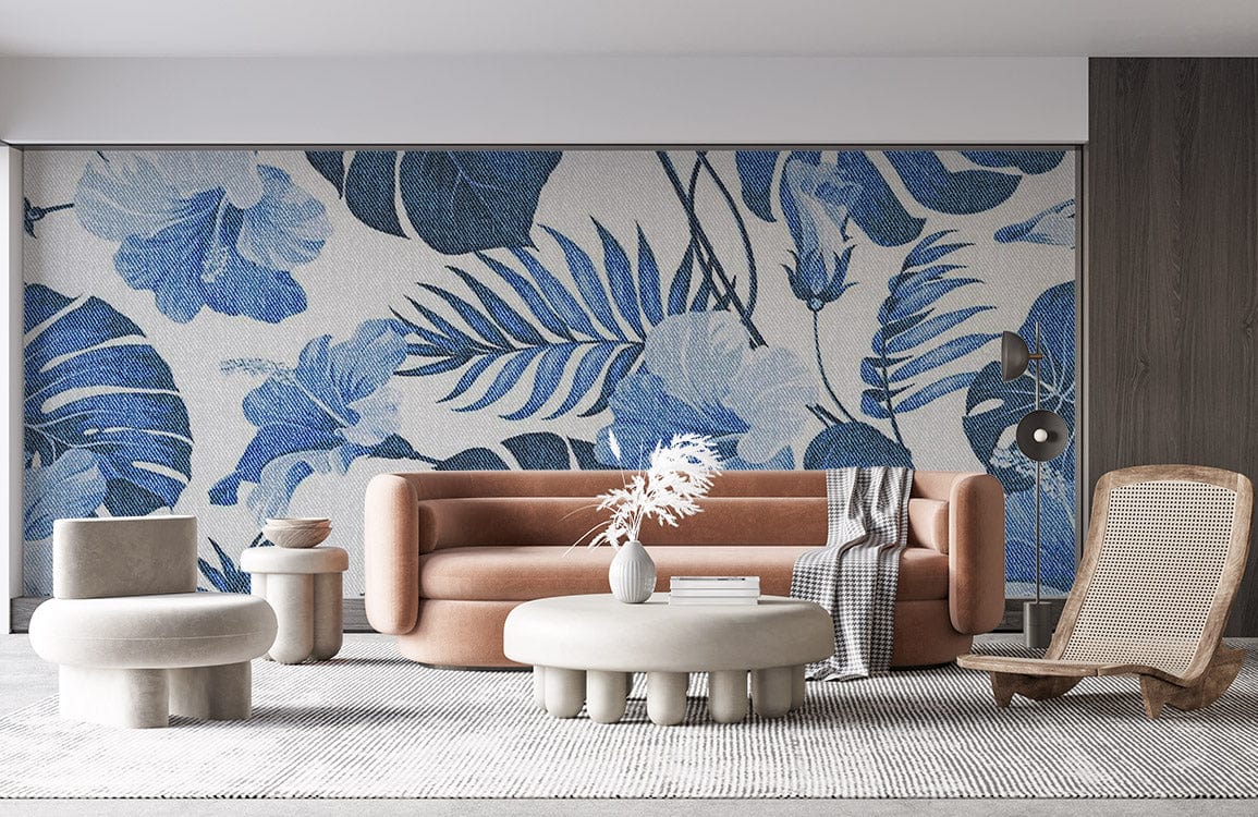 blue leaves and flowers wall mural