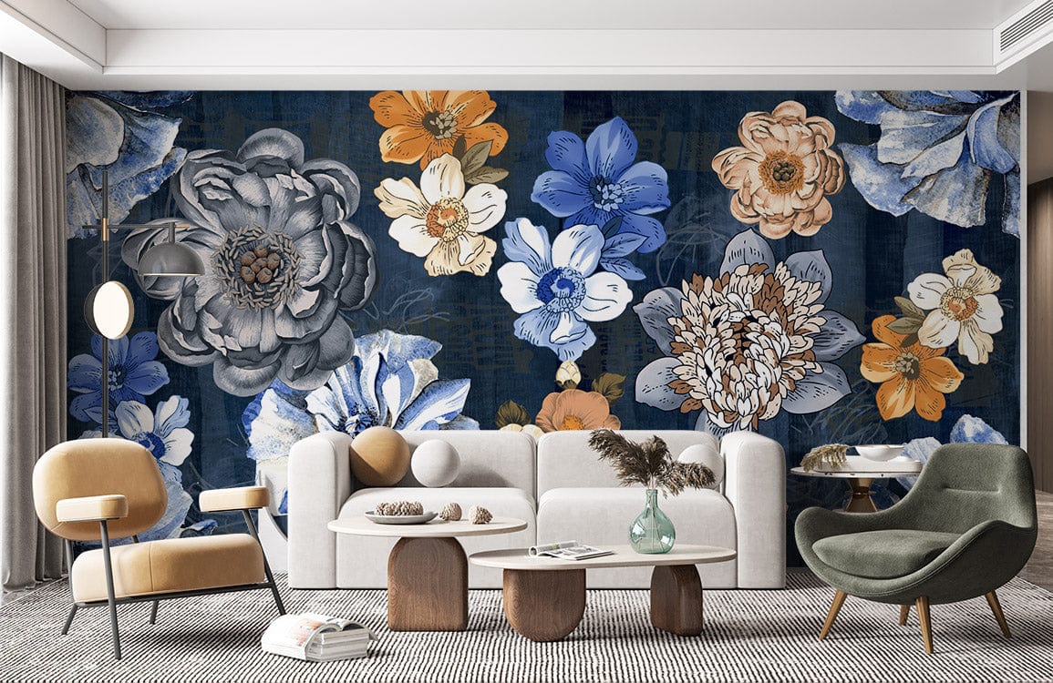 blue flowers wallpaper design mural 