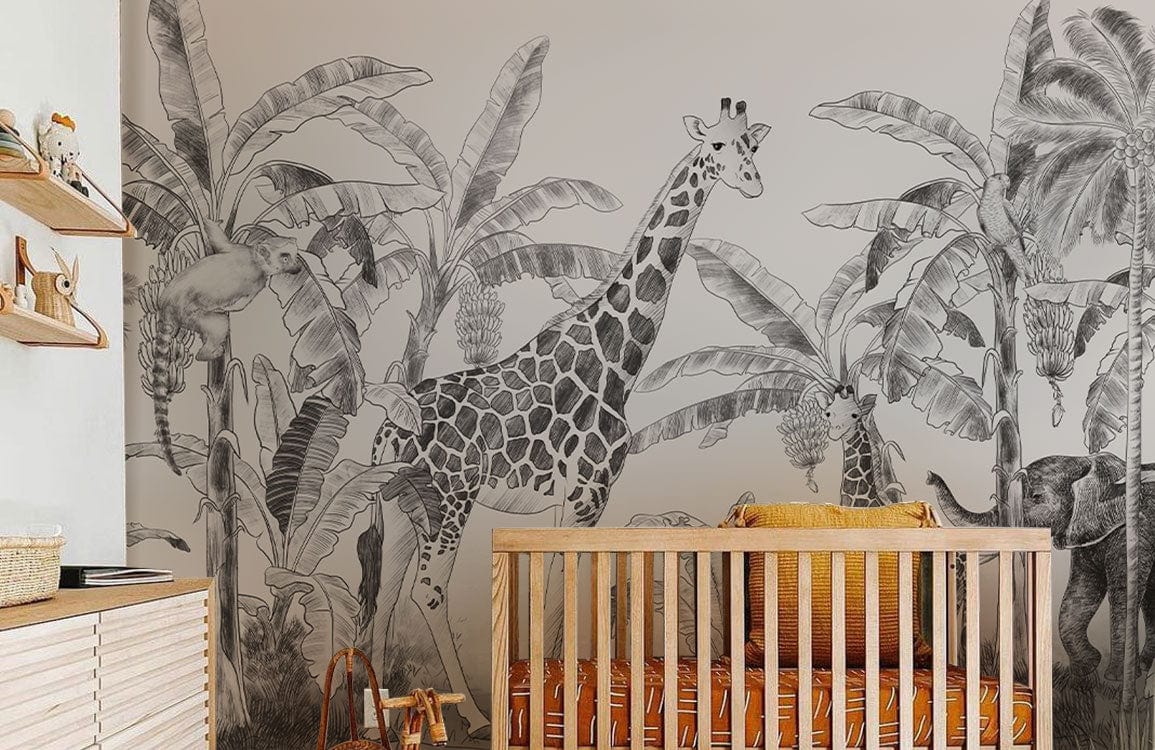 Wallpaper mural featuring animals in a tropical setting for use in decorating nurseries.