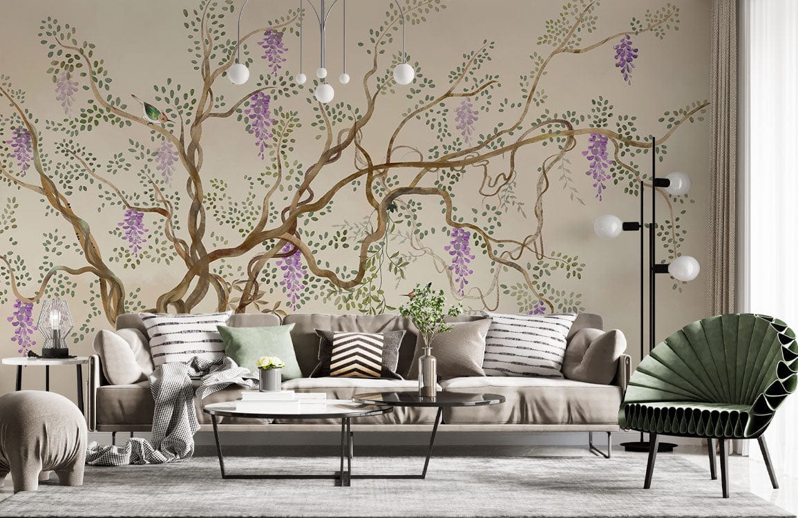 Vintage Botanical Wisteria Mural Wallpaper in Soft Earthy Tones with Birds