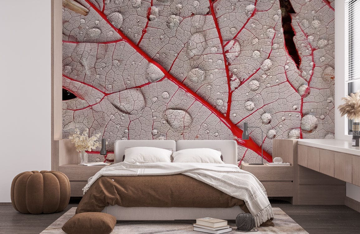 Wallpaper mural with dewdrops on red leaves, perfect for use as bedroom decor.