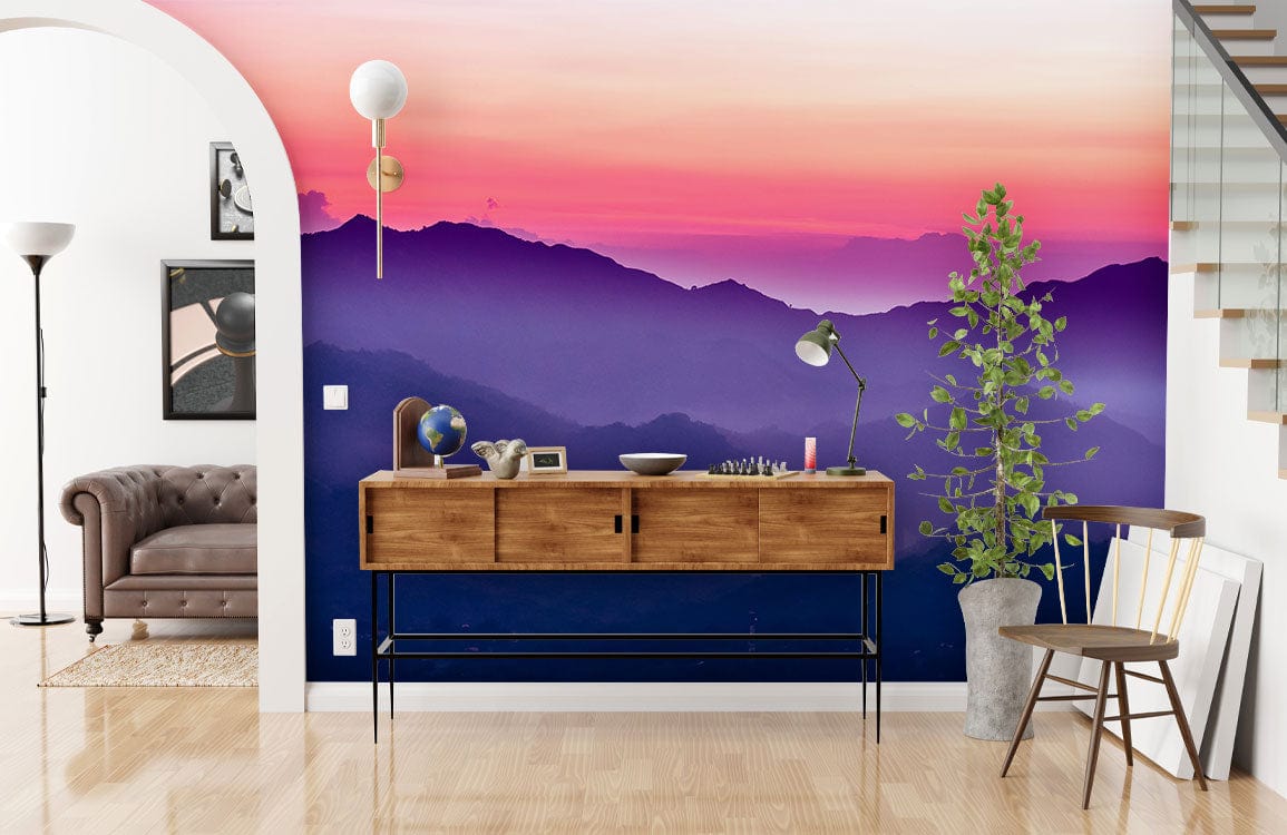 Wallpaper mural featuring a fanciful scene of purple mountains and valleys, perfect for the hallway.