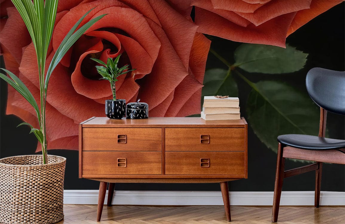 Elegant Terracotta Rose Blossom Wallpaper with Dark Botanical Elements ...