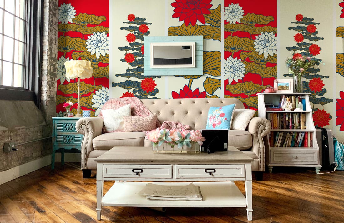Royal Red Lotus Pattern Wallpaper Mural Used for Decorating the Living Room