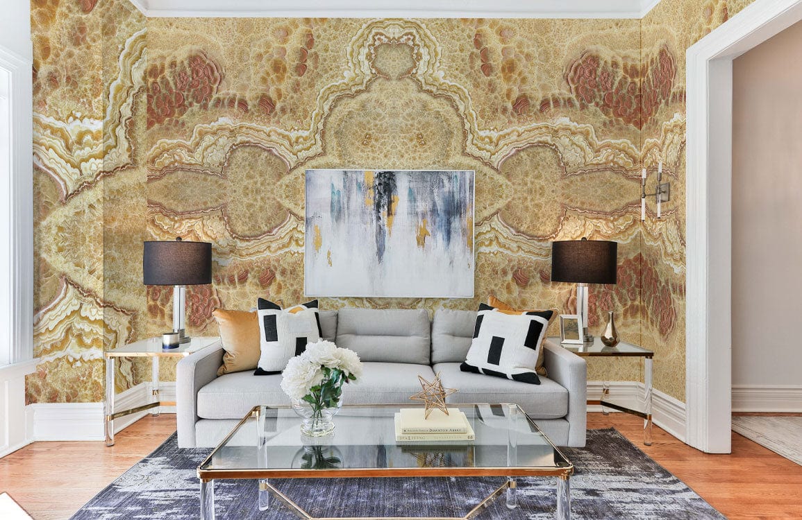 Wallpaper Mural with Symmetrical Patterns of Marble for Decorating the Living Room