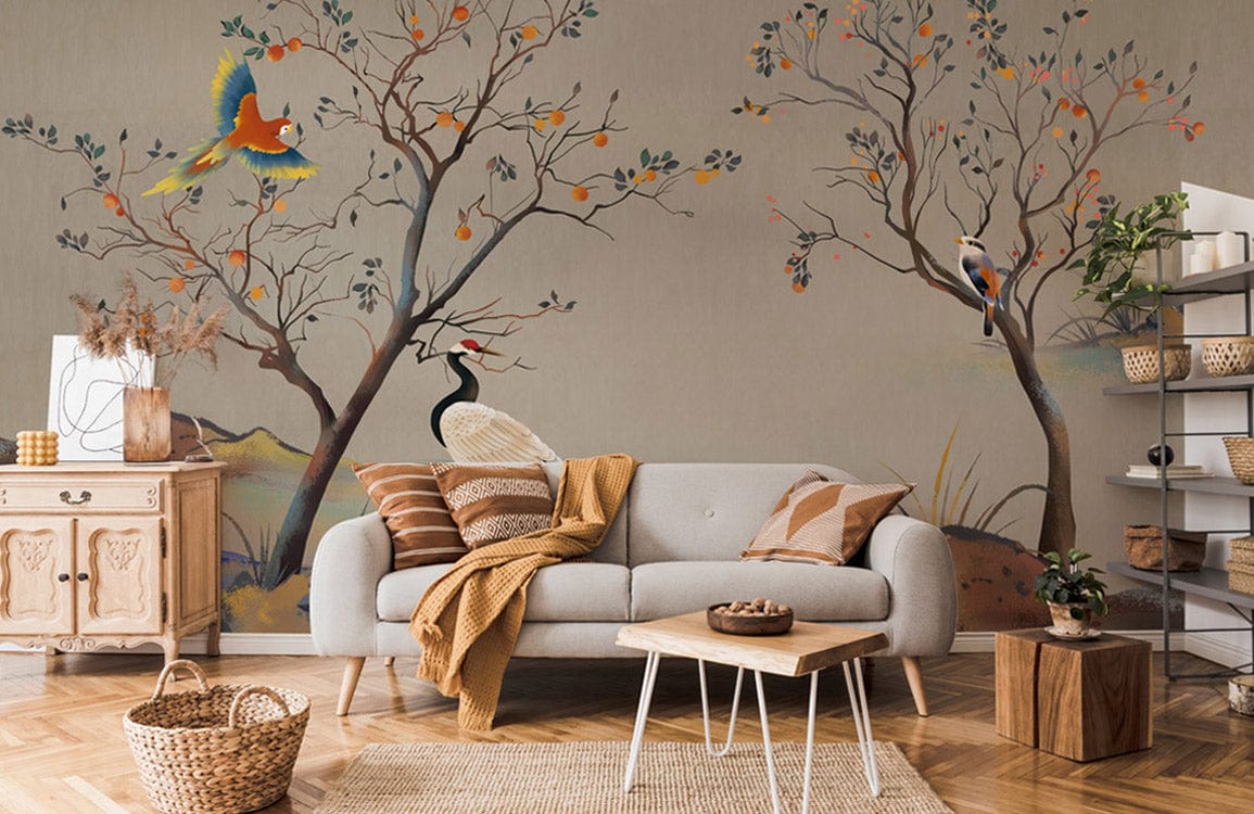 Autumn Birds and Trees Wallpaper Mural Living Room