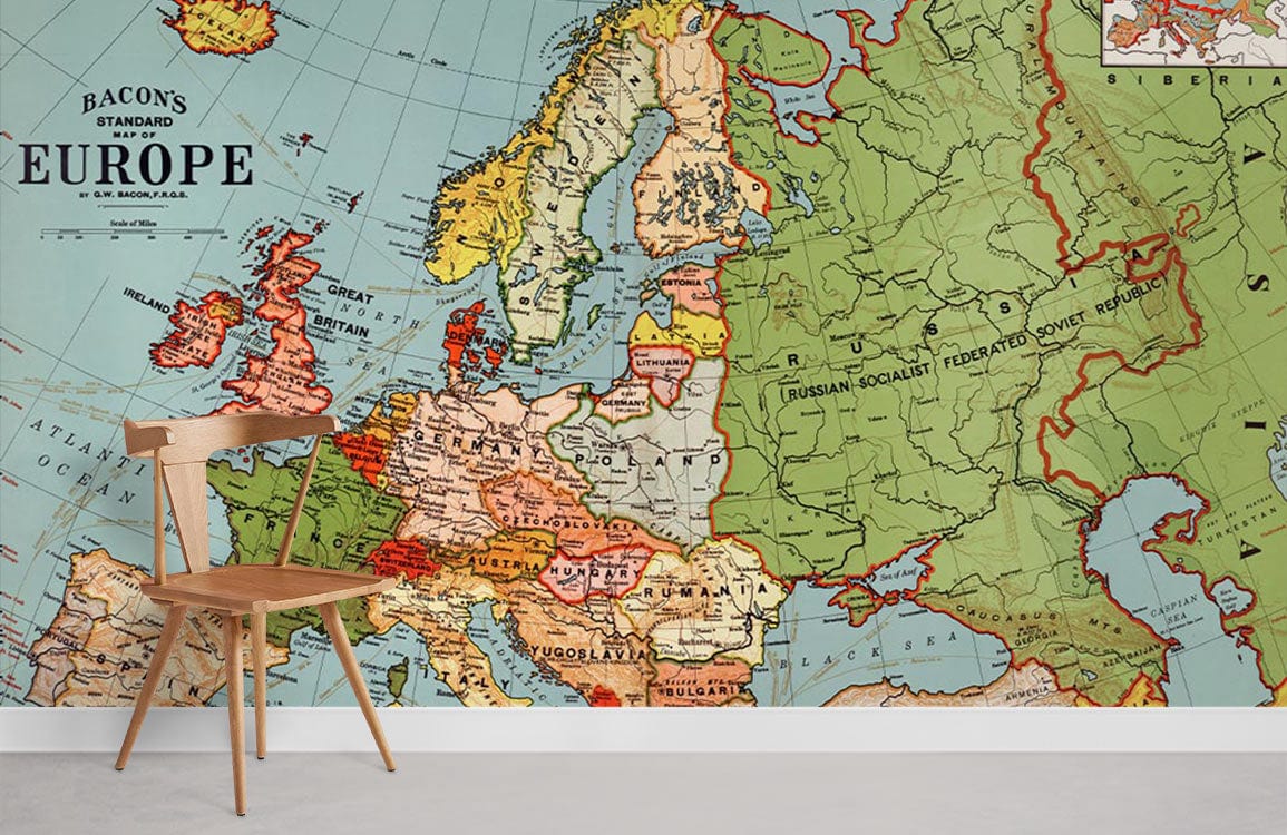 Bacon's Standard Europe Map Wallpaper Mural Room