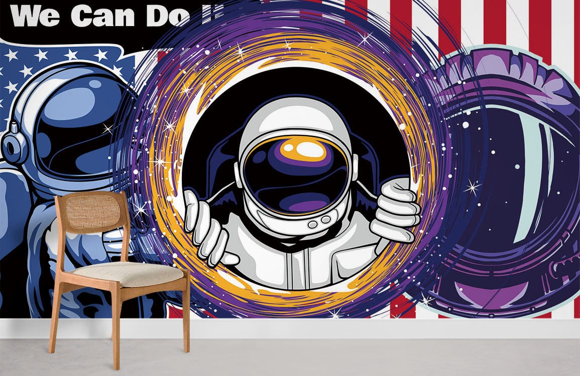 Retro Space Astronaut Mural Wallpaper with Bold Red and Blue Accents