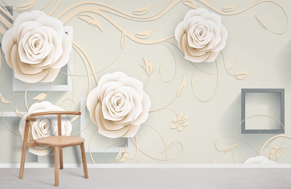 Elegant Cream Rose and Geometric Pattern 3D Mural Wallpaper Decor