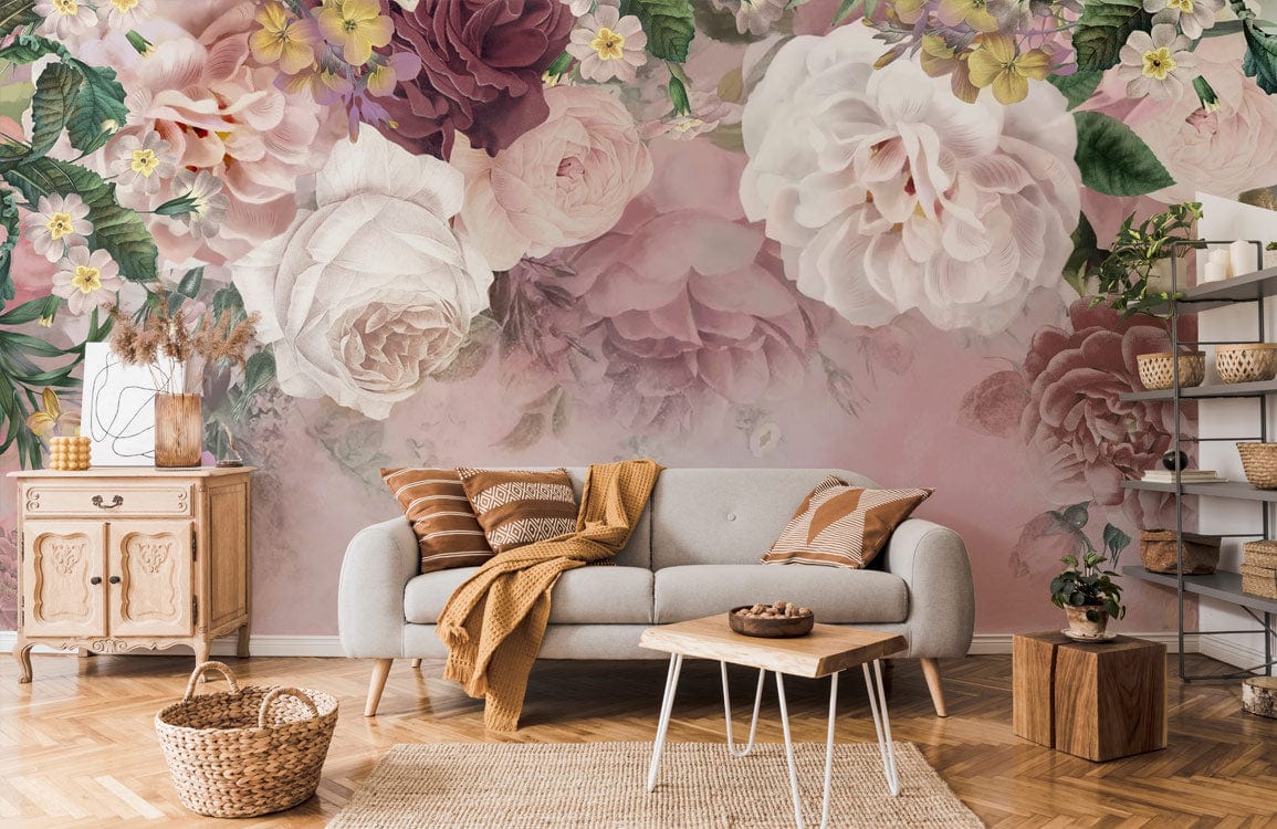 Rose Pink Flowers Wallpaper Mural, Flower Wallpaper