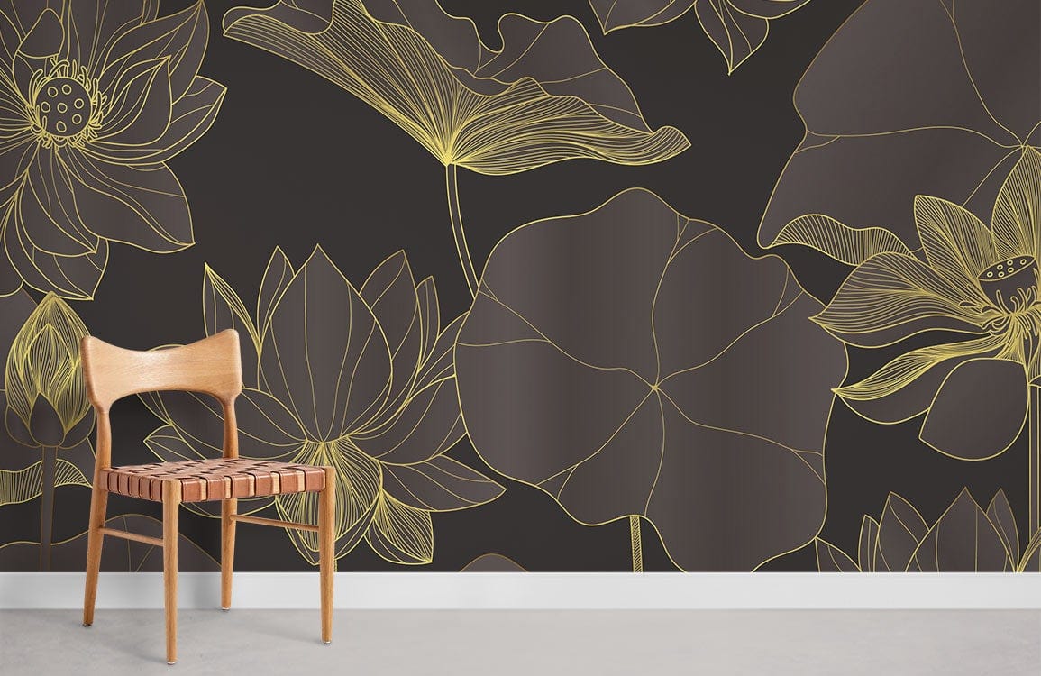 Dark Golden Lotus Mural Wallpaper