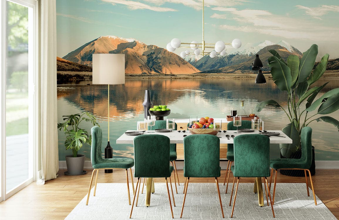 lake under mountain landscape wall mrual for dining room decoration