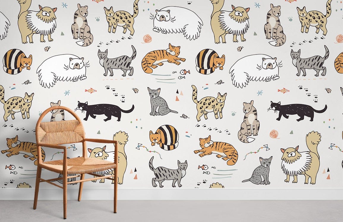 Line Drawing Cats Wallpaper Mural Room
