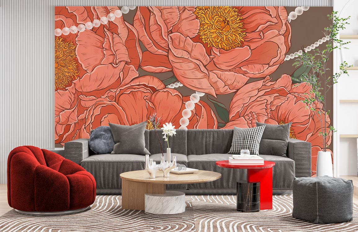 Elegant Coral Peony and Pearl Floral Mural Wallpaper for Sophisticated ...