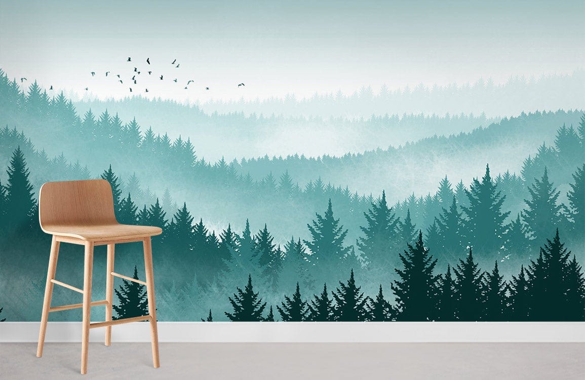 Green Pine Silhouette Mural Wallpaper
