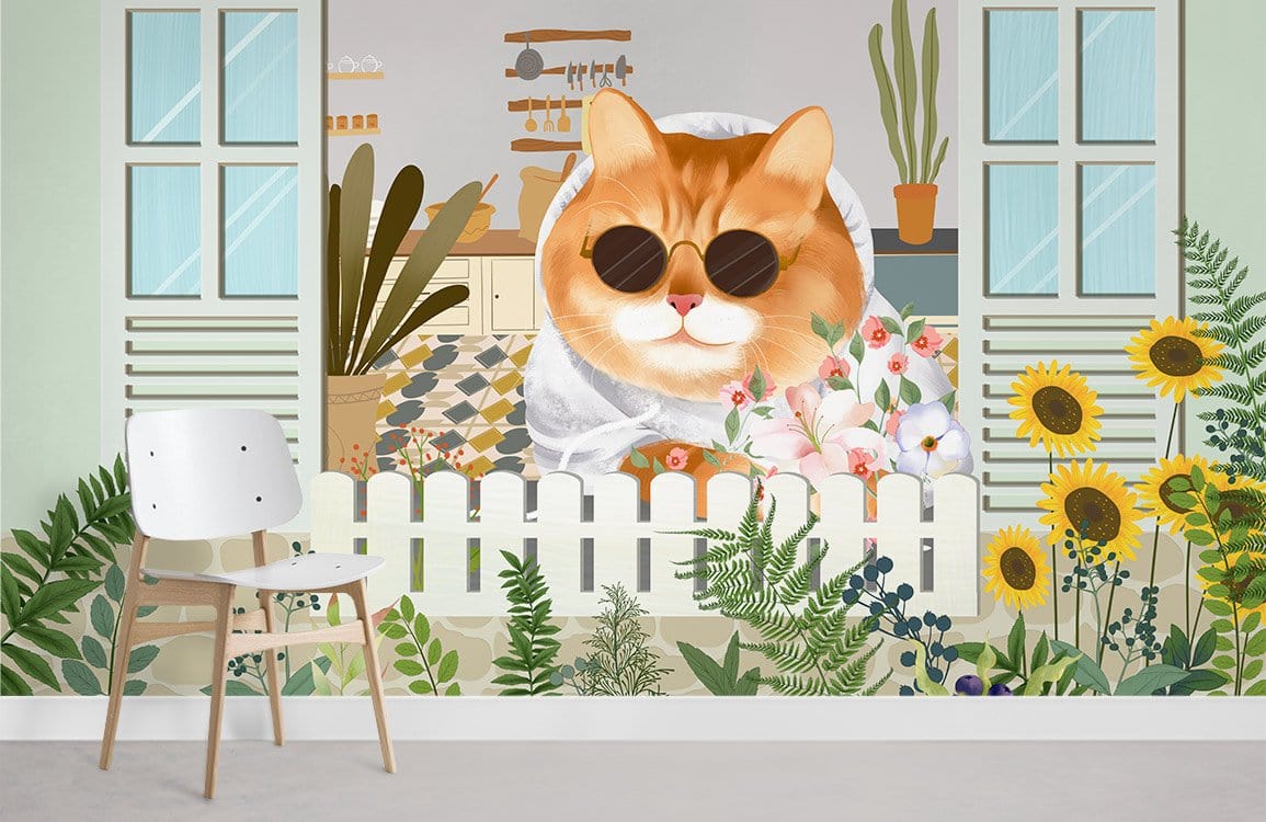 Stylish Cat Garden Mural Wallpaper in Sunny Cottage Scene Design