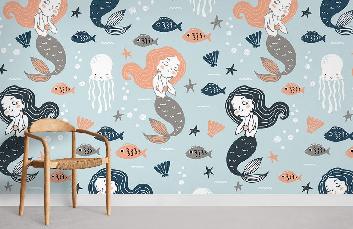 Sleeping Mermaids and Fishes Mural Wallpaper Room