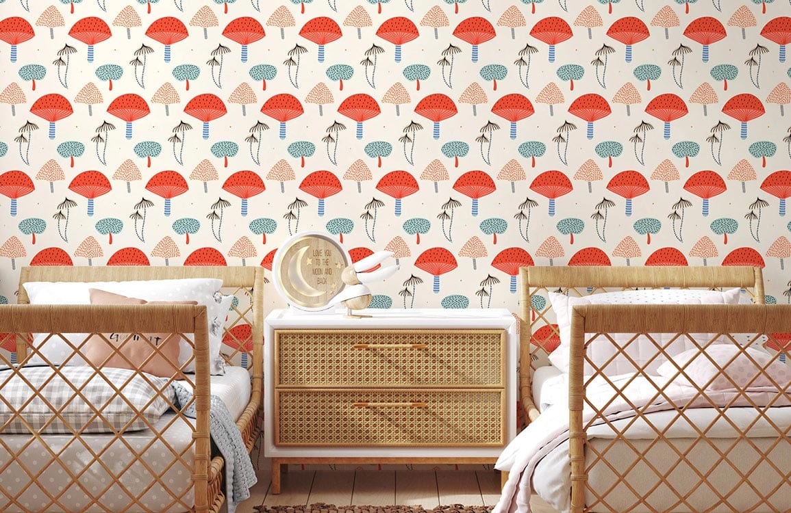 special bedroom wallpaper mural, a design of pastel red mushrooms