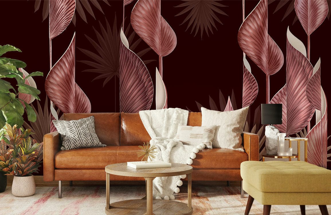 custom wallpaper mural for living room, a design of dark red leaves pattern