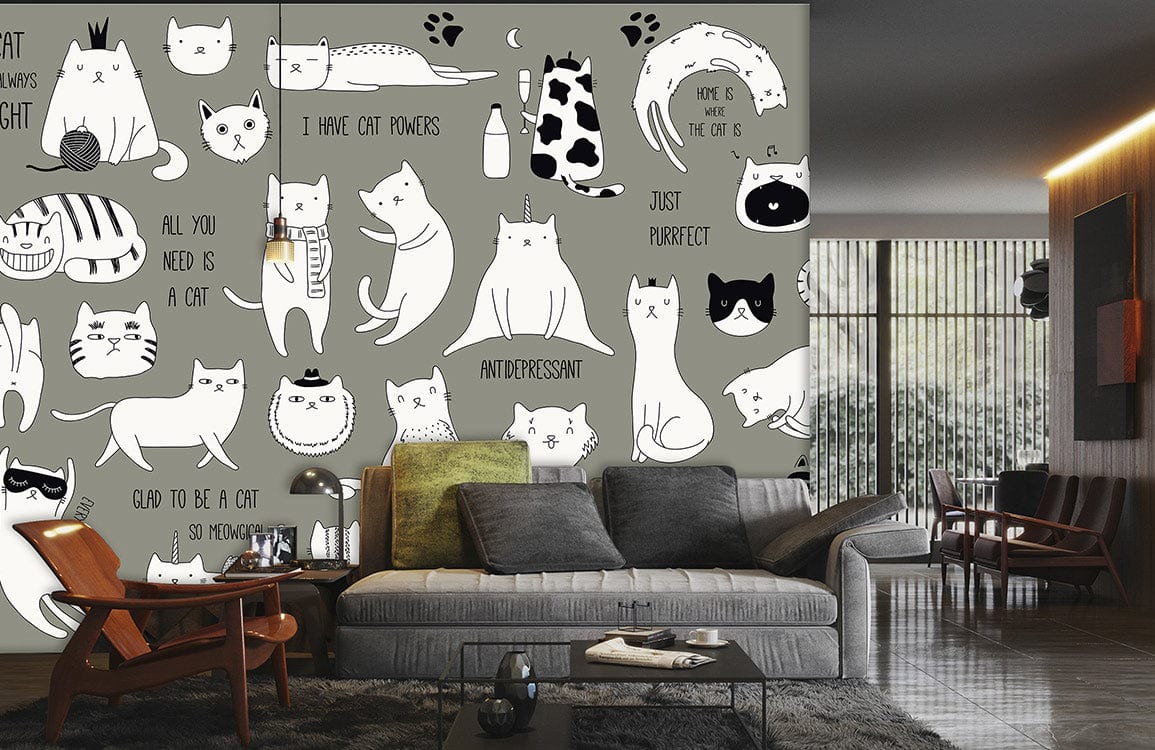 custom wallpaper mural for living room, a design of various cats pattern