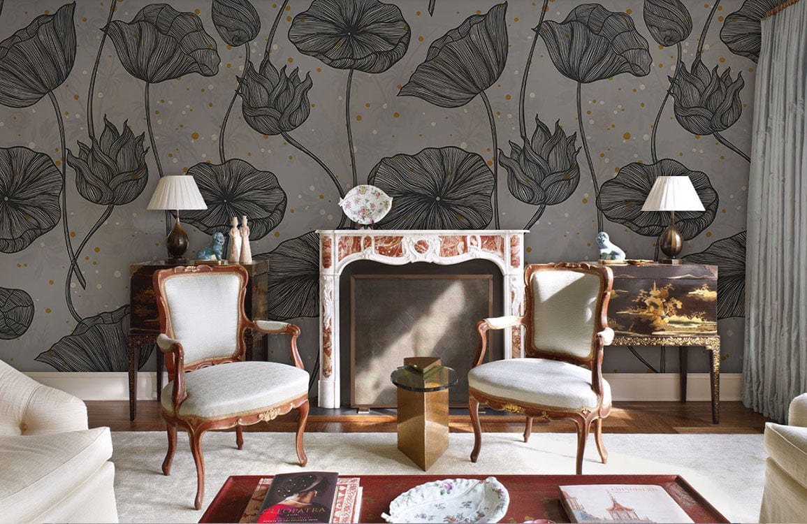 custom wallpaper mural for living room, a design of gray lotus with dots