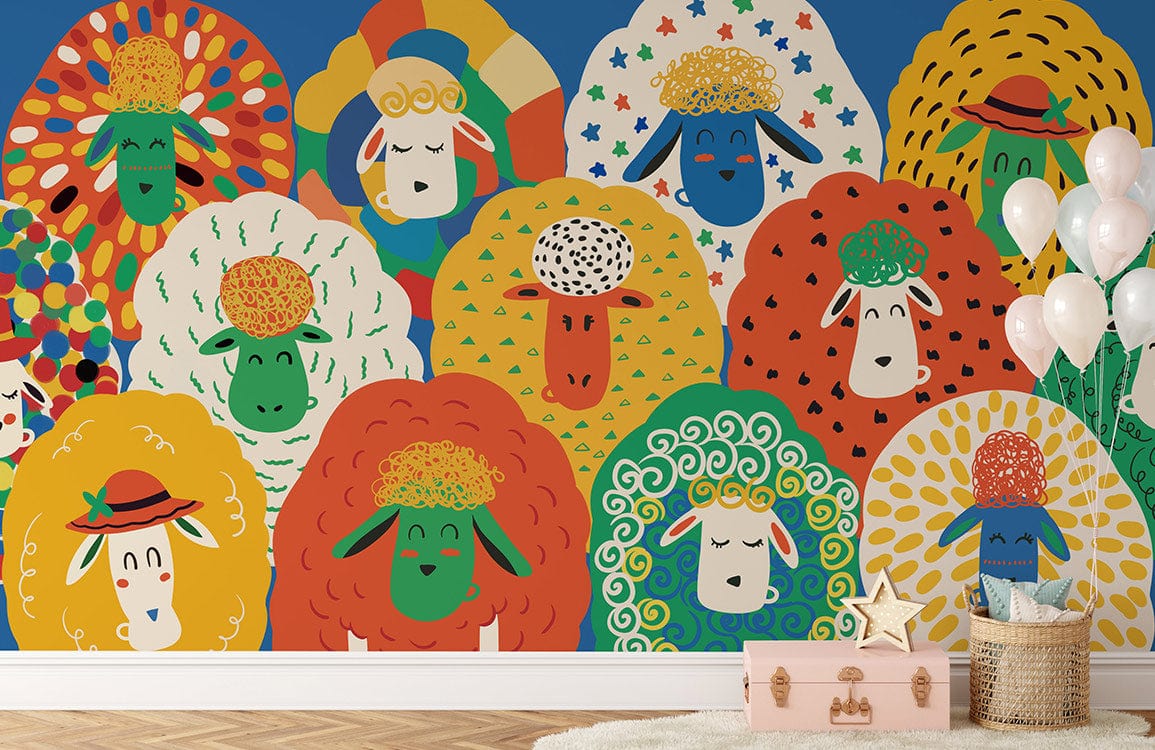 A mural of cheerful, unique lambs that would look great in a child's bedroom.