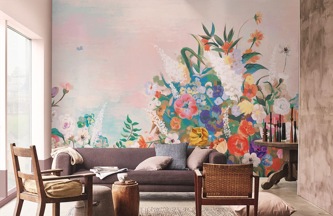 custom wallpaper mural for living room, a design of dreamy flower cluster oil painting