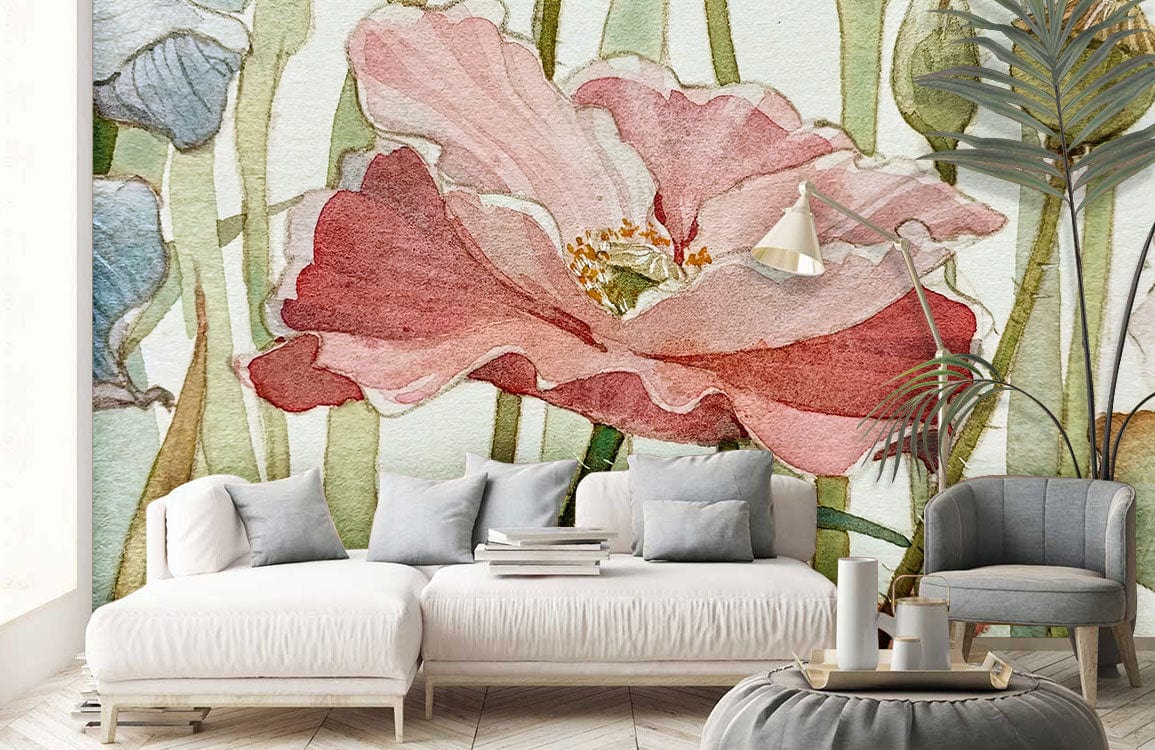 watercolor lotus blossom wallpaper mural living room decor