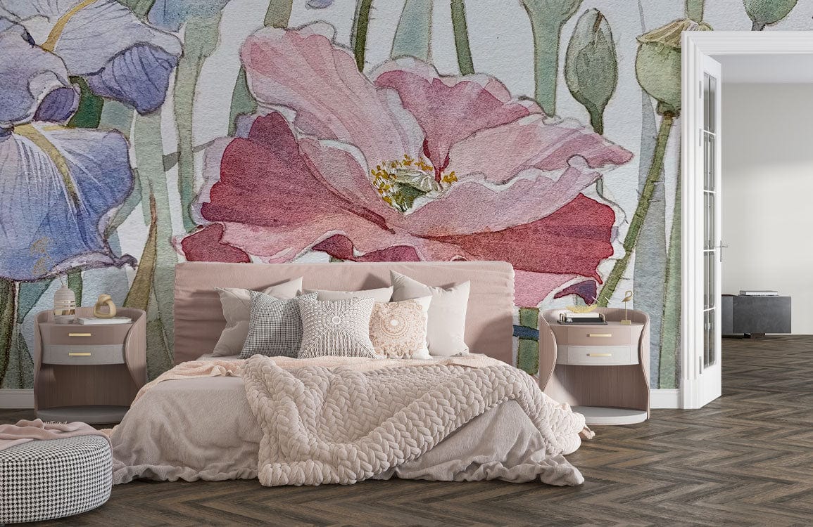 watercolor lotus wallpaper mural bedroom decor
