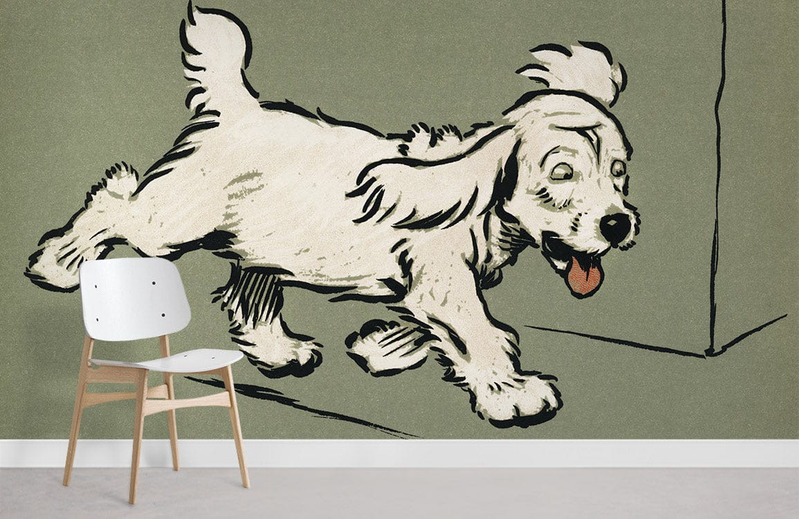 White Puppy Book Wallpaper Mural Room