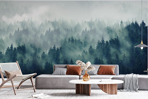 misty green forest wallpaper mural for home decor