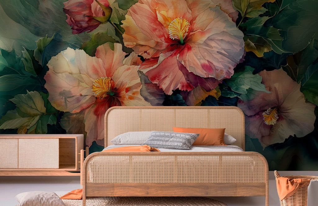 Pastel tropical floral mural used as a living room statement wall