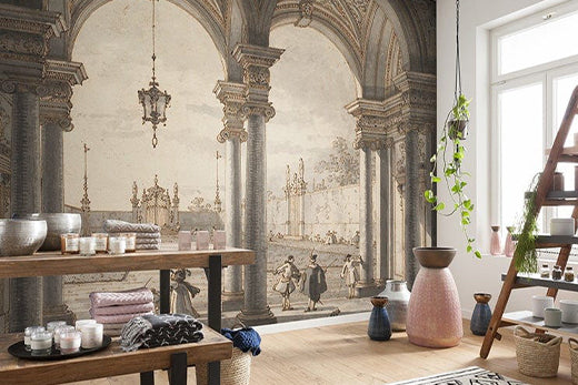 view through a baroque colonnade into a garden mural wallpaper