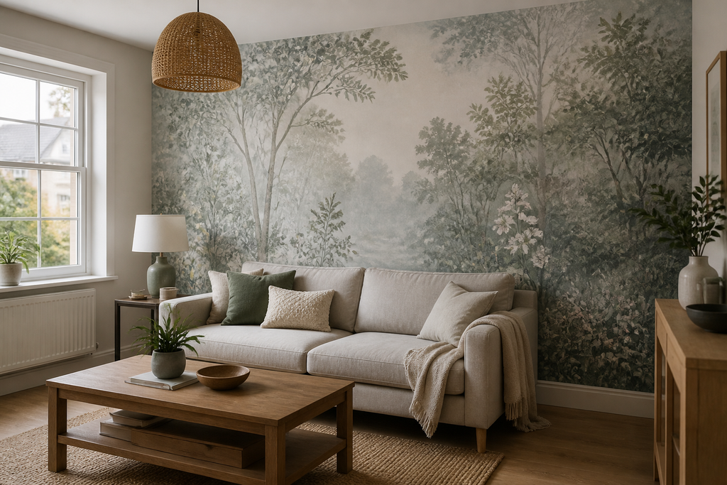 Made-to-measure botanical wallpaper mural illustrating wall mural cost in a UK living room