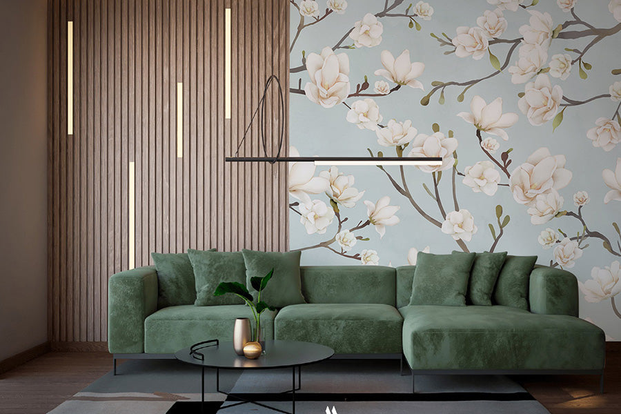 White Flower Mural Wallpaper for Living Room