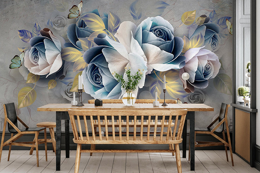 Blue 3D Rose Wall Mural for Home