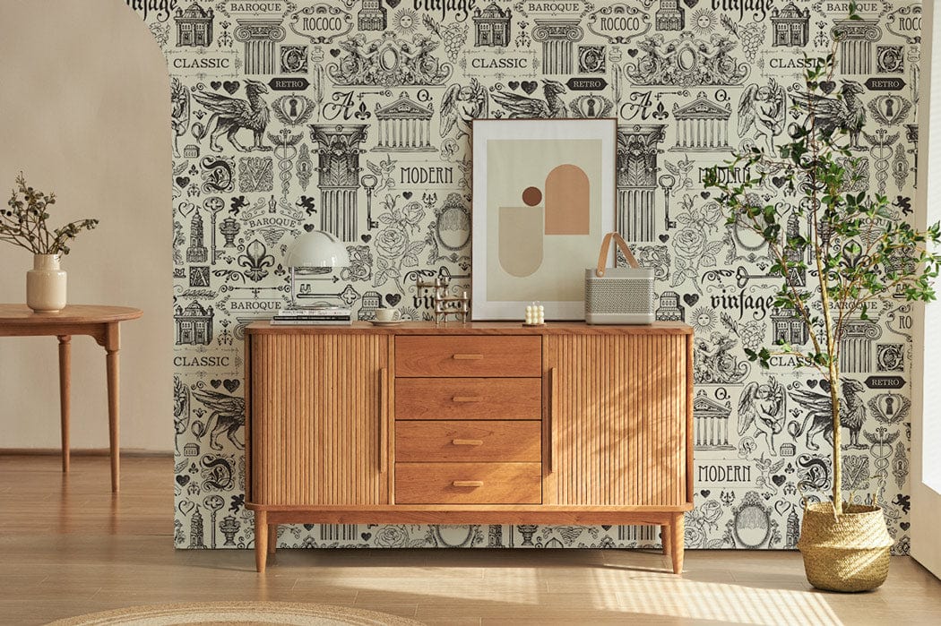 Vintage grey patterned wallpaper, mid-century sideboard, warm wooden flooring, artwork, modern table lamp.