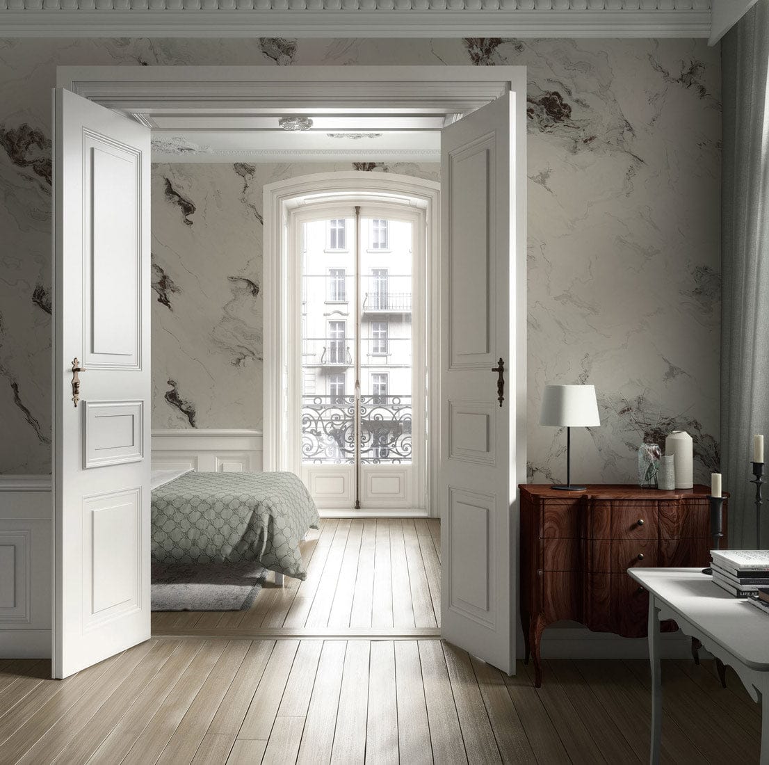 Marble-inspired abstract swirl wallpaper, white doorway, light wood flooring, classic bedroom, elegant sideboard, lamp.