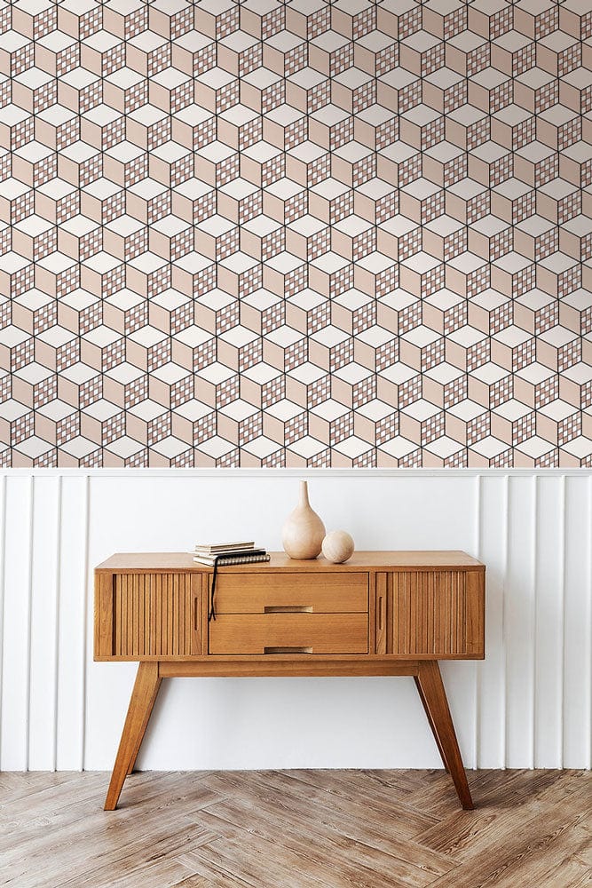 Geometric taupe and white 3D cube wallpaper with wooden sideboard in stylish room, herringbone floor.