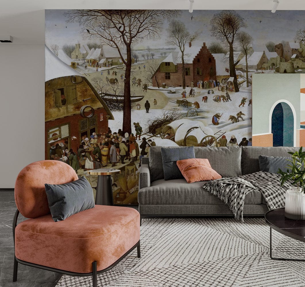 Vintage winter scene mural wallpaper, rustic village charm. Velvet chair, grey sofa, modern lounge decor.
