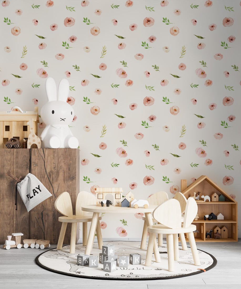 Pastel Floral Delight wallpaper in children's room with wooden play furniture, enhancing chic interiors.