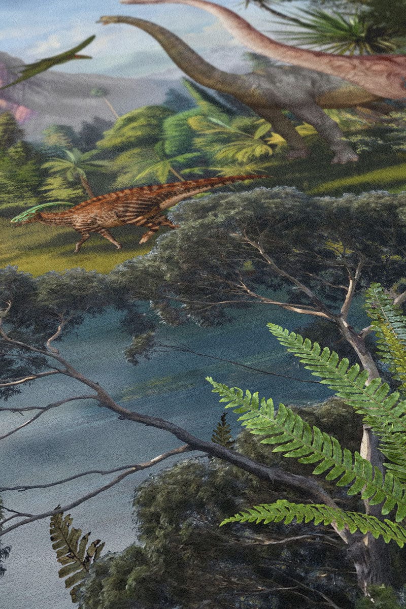 Prehistoric Dinosaurs Landscape Mural Wallpaper - Colourful Jurassic Scene with Trees and Ferns, Close-Up.