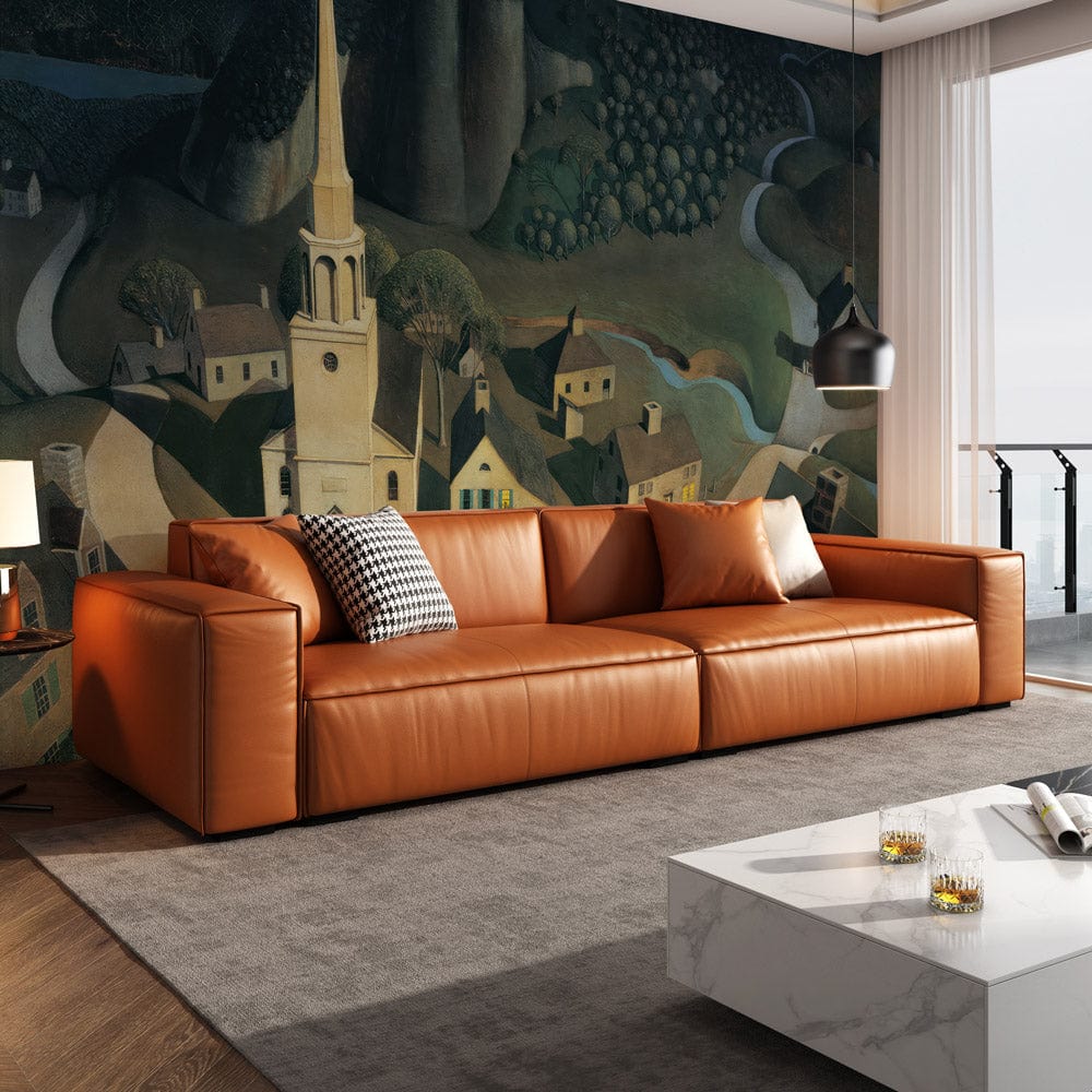 Historic Village Landscape Mural Wallpaper with brown leather sofa, modern oak flooring, marble coffee table.