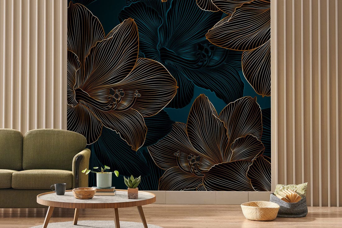 Elegant wallpaper with floral line art, copper accents; green sofa, wooden coffee table, modern room setting.