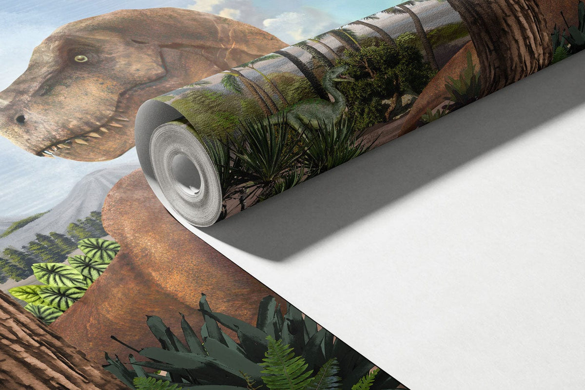 Prehistoric Dinosaurs Landscape Mural Wallpaper showcasing vibrant Jurassic scene, featuring lush trees and vegetation.