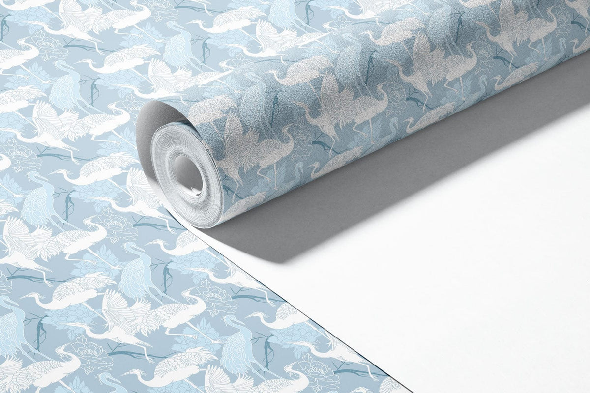 Sky Blue Origami Cranes Pattern Wallpaper rolled out for elegant, contemporary interiors with blue hues.