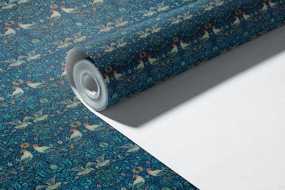 Elegant Sapphire Blue Art Nouveau Floral Wallpaper Roll with Bird Motifs, Luxurious Interior Design.